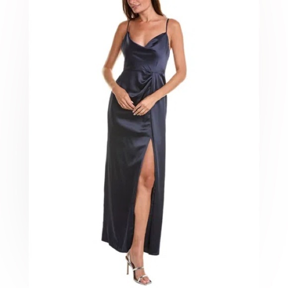 Formal Vivian Diamond Elegant Evening Low Back Maxi Gown Cowl Neck Side Slip S/M - Picture 1 of 12